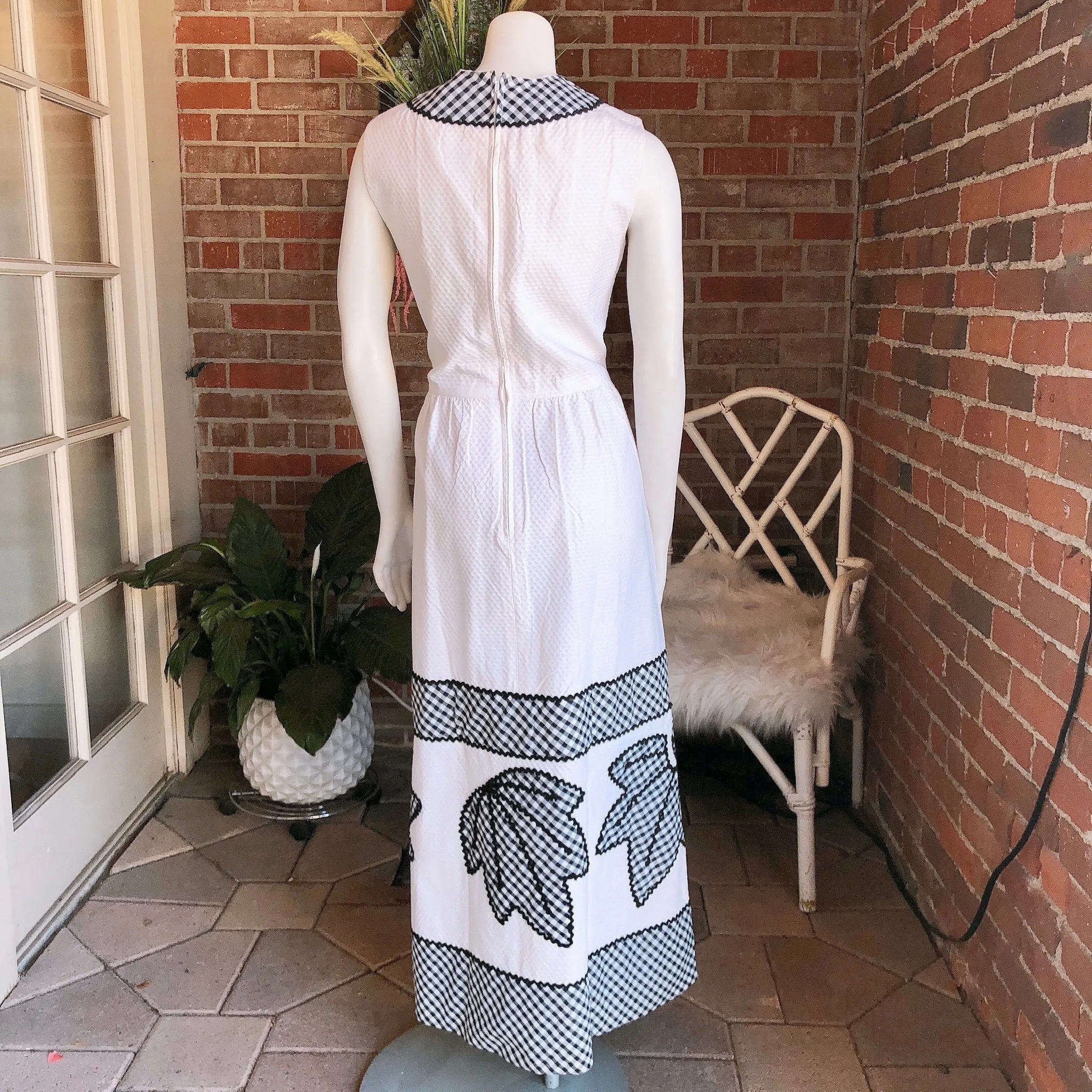 1960s Pique Cotton Gingham and Rick Rack Maxi Dress