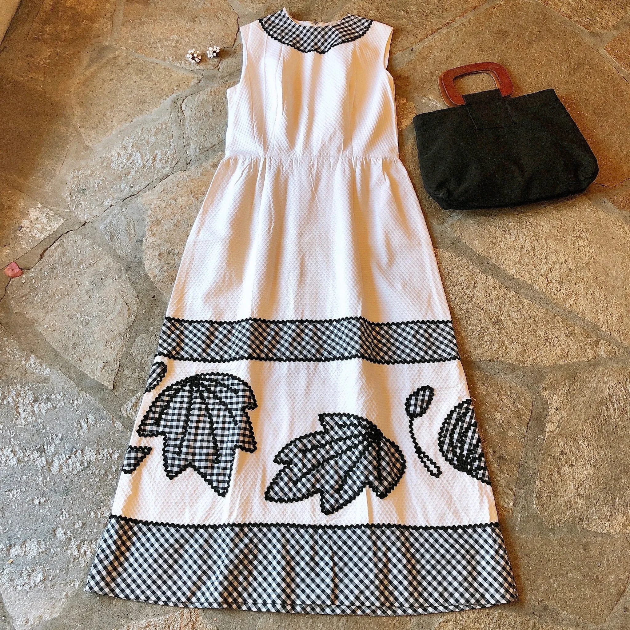 1960s Pique Cotton Gingham and Rick Rack Maxi Dress