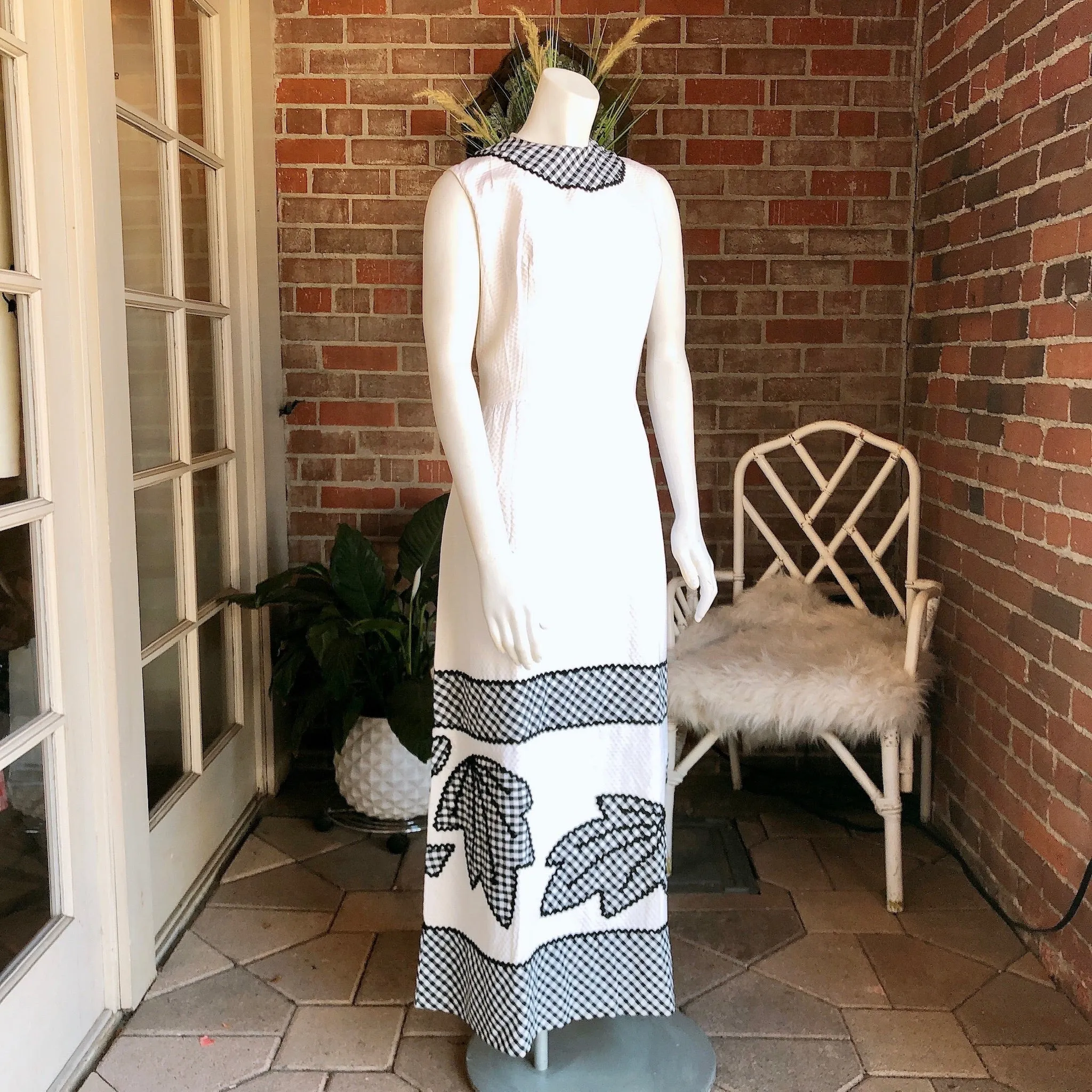 1960s Pique Cotton Gingham and Rick Rack Maxi Dress