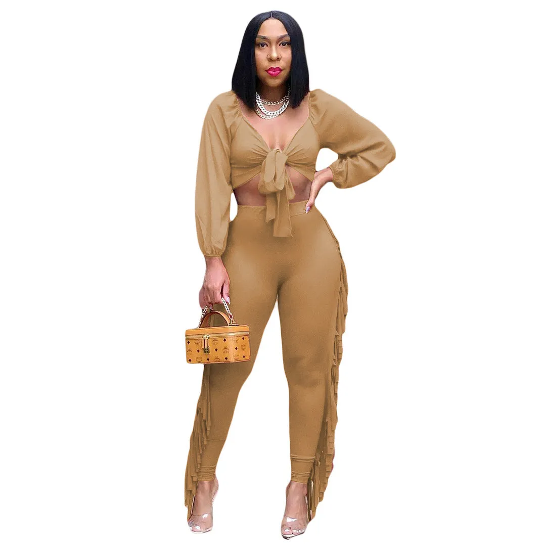 2pcs Wholesale Women Sets Lace Up Crop Top   Fringe Trim Leggings