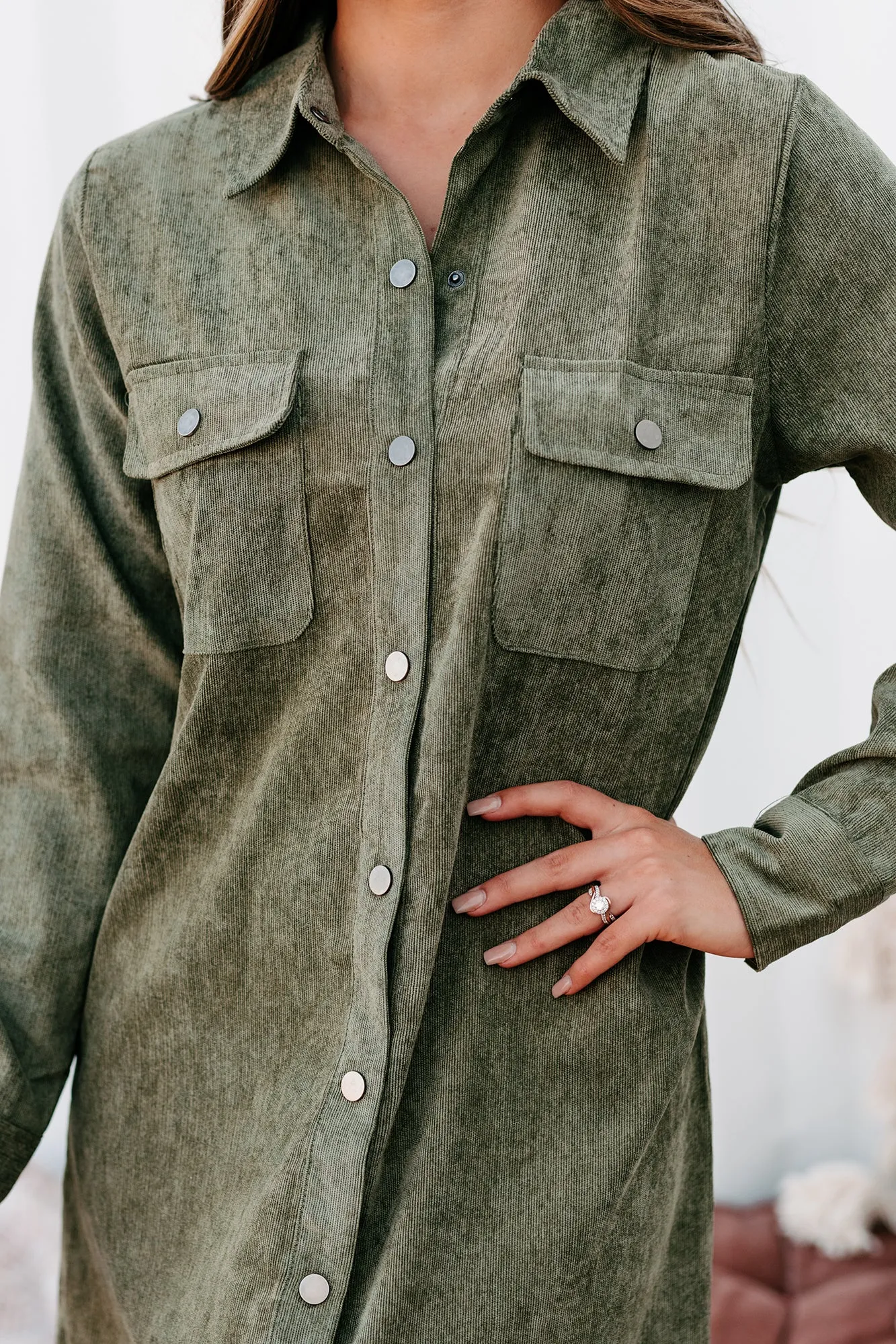 Attitude Adjustment Corduroy Shirt Dress (Olive)