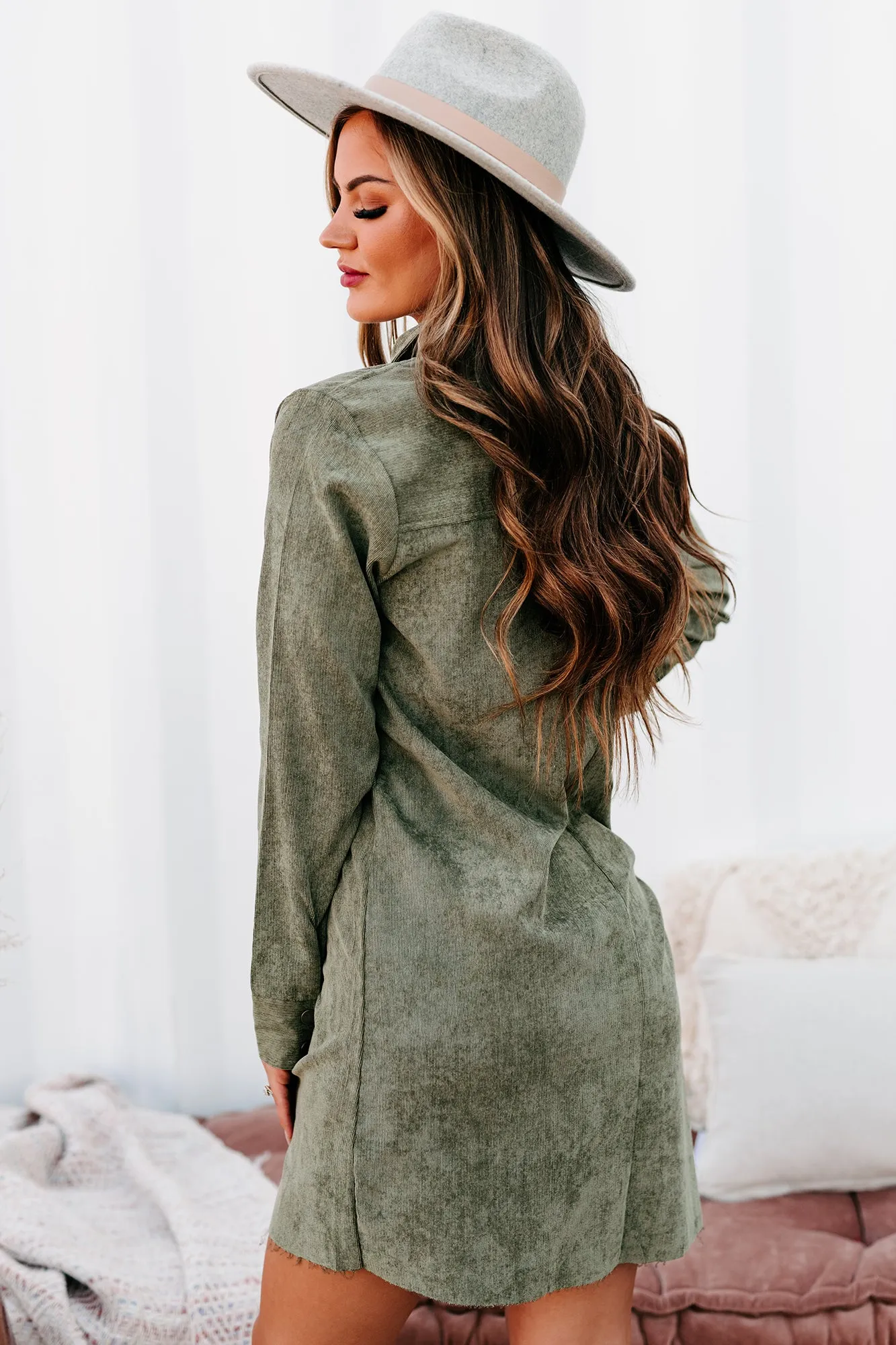 Attitude Adjustment Corduroy Shirt Dress (Olive)