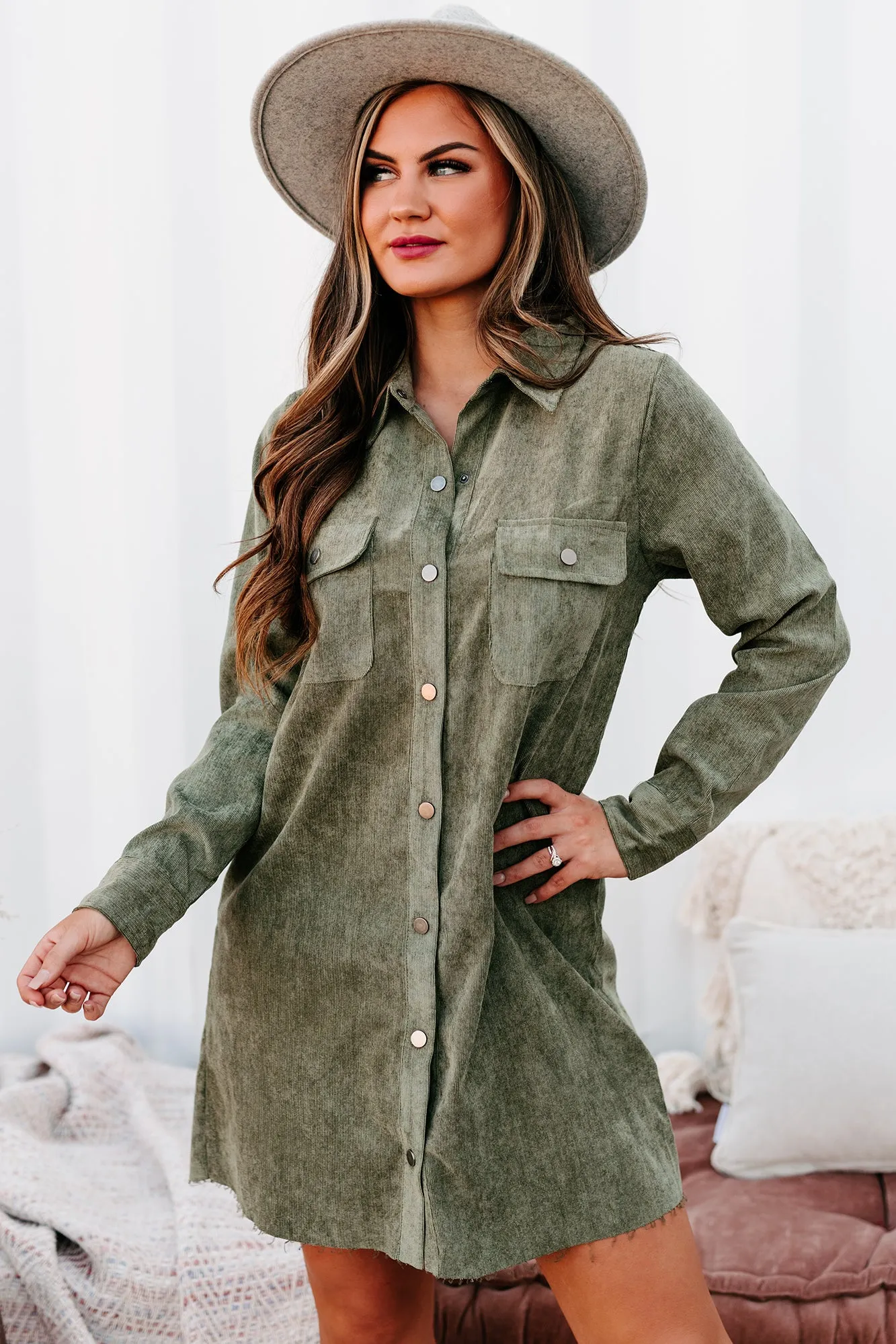 Attitude Adjustment Corduroy Shirt Dress (Olive)