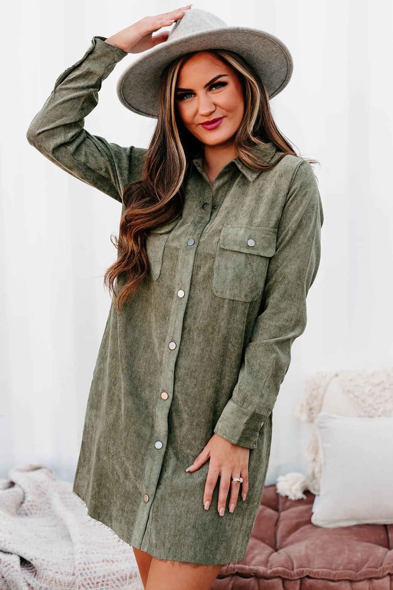 Attitude Adjustment Corduroy Shirt Dress (Olive)
