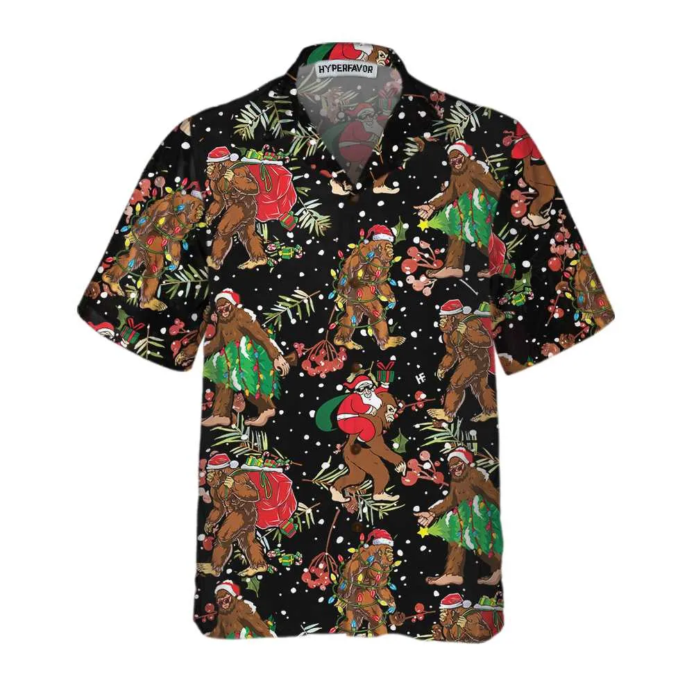 Bigfoot Santa Claus With Christmas Pattern Hawaiian Shirt, Funny Christmas Bigfoot Shirt, Gift For Christmas