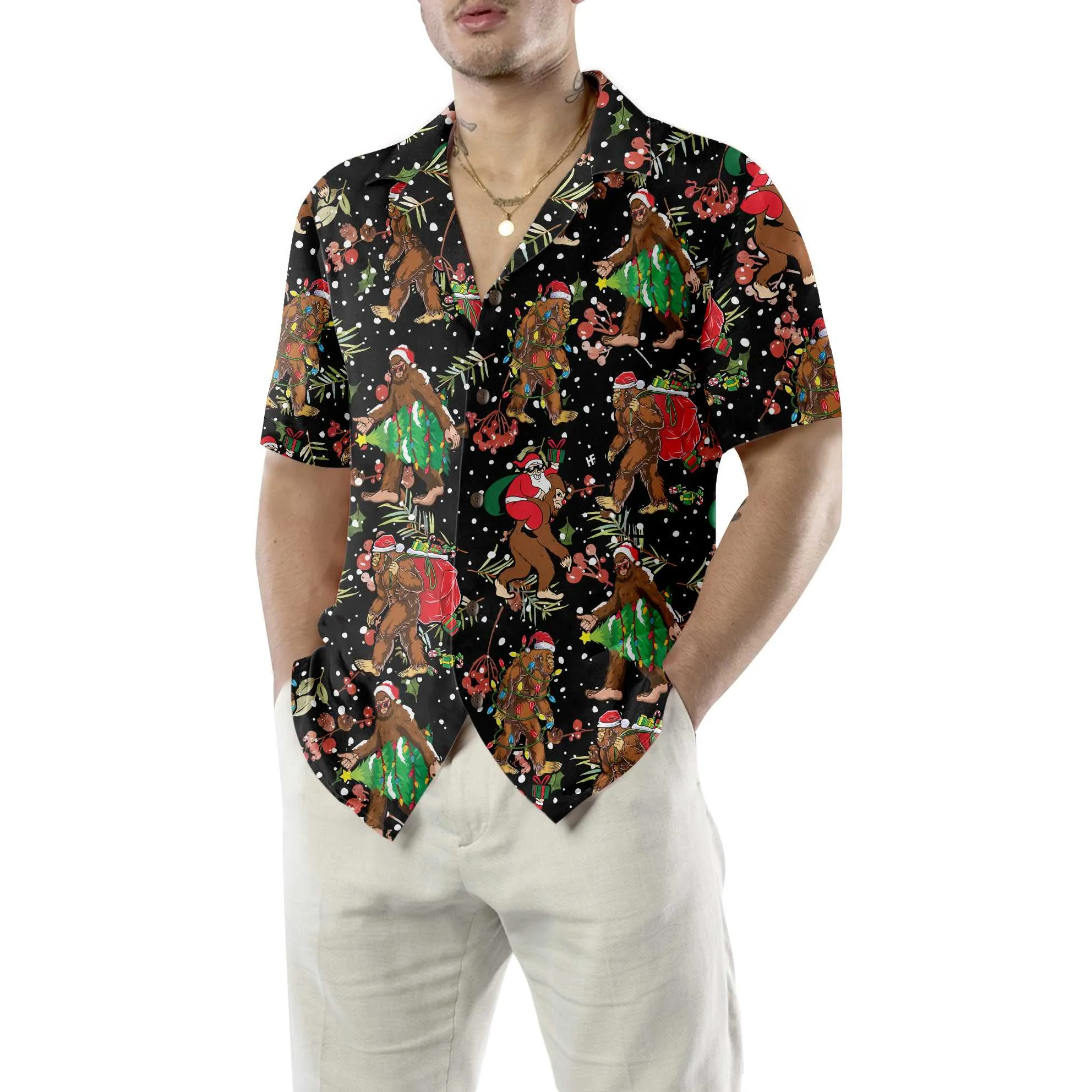 Bigfoot Santa Claus With Christmas Pattern Hawaiian Shirt, Funny Christmas Bigfoot Shirt, Gift For Christmas