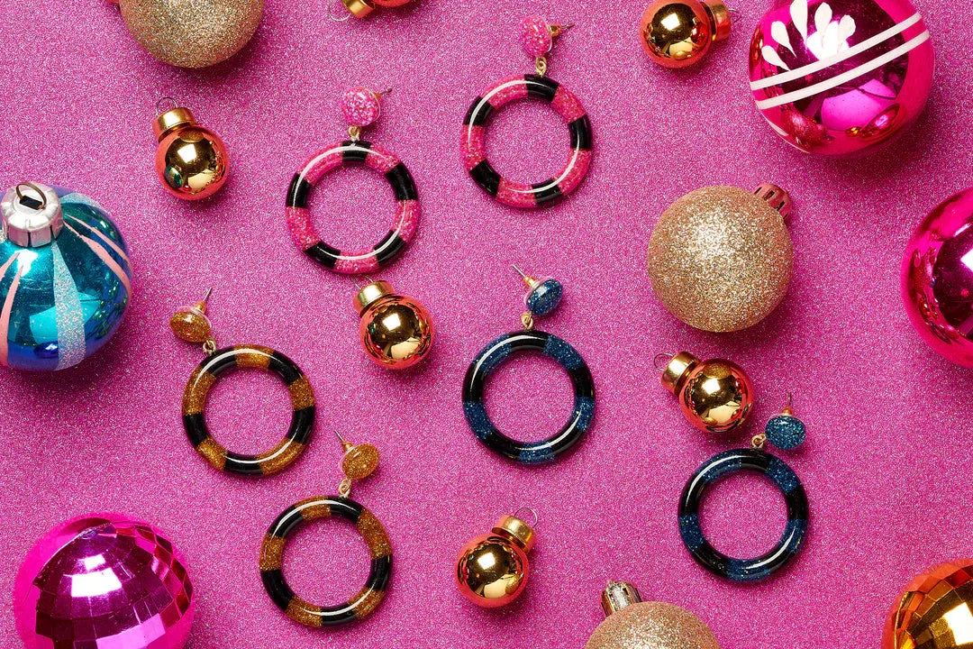 Black and Gold Candy Striped Hoop Earrings by Splendette