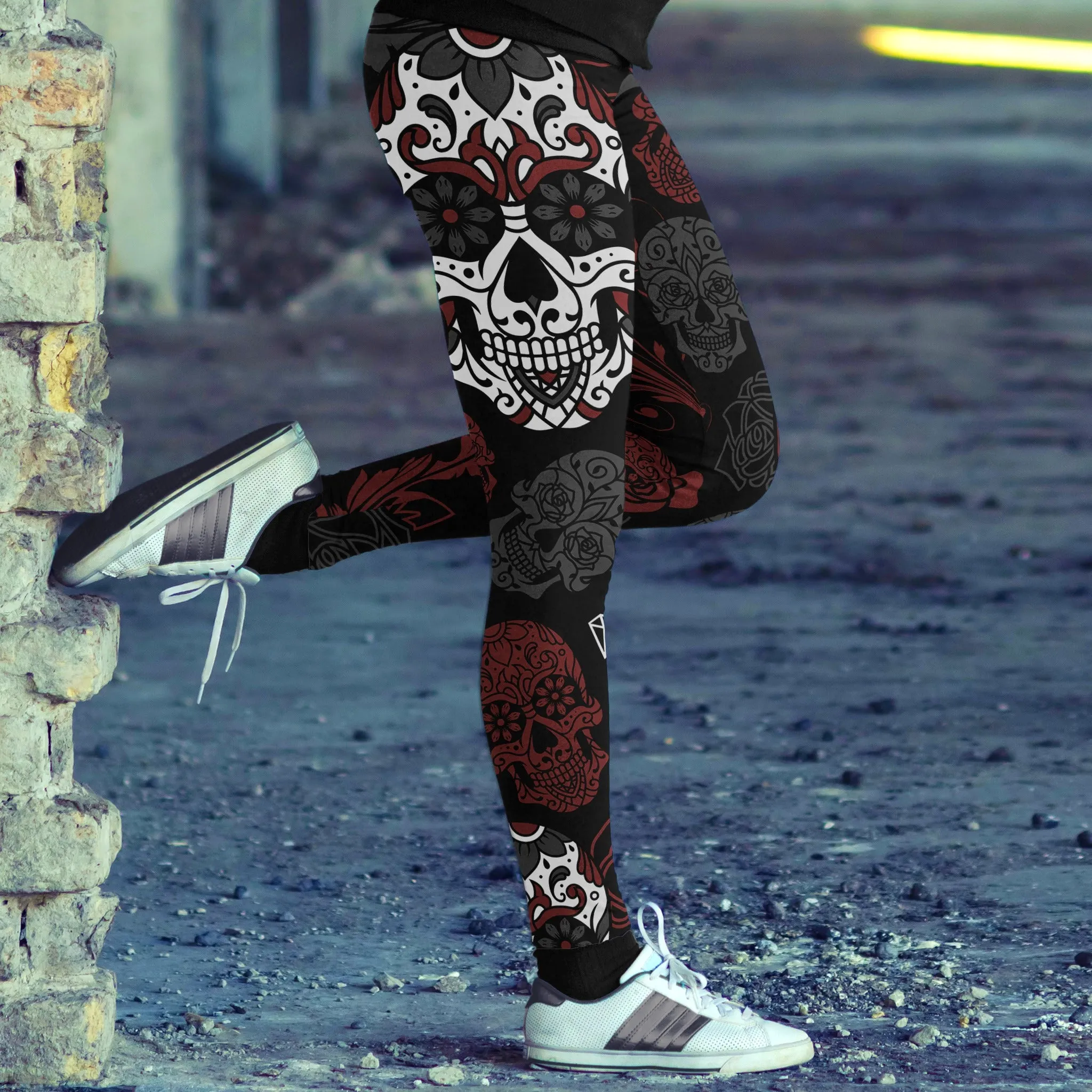 Black and Red Sugar Skull Leggings
