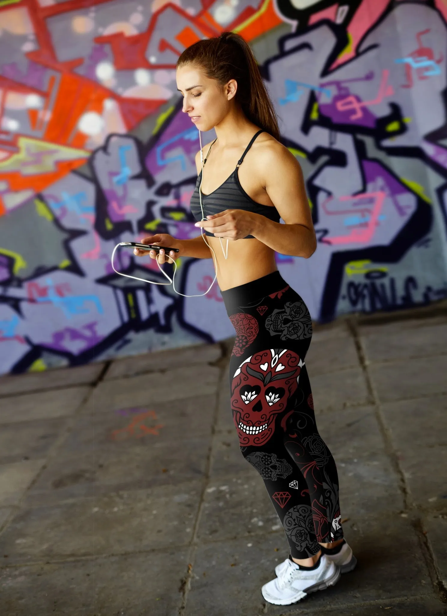 Black and Red Sugar Skull Leggings
