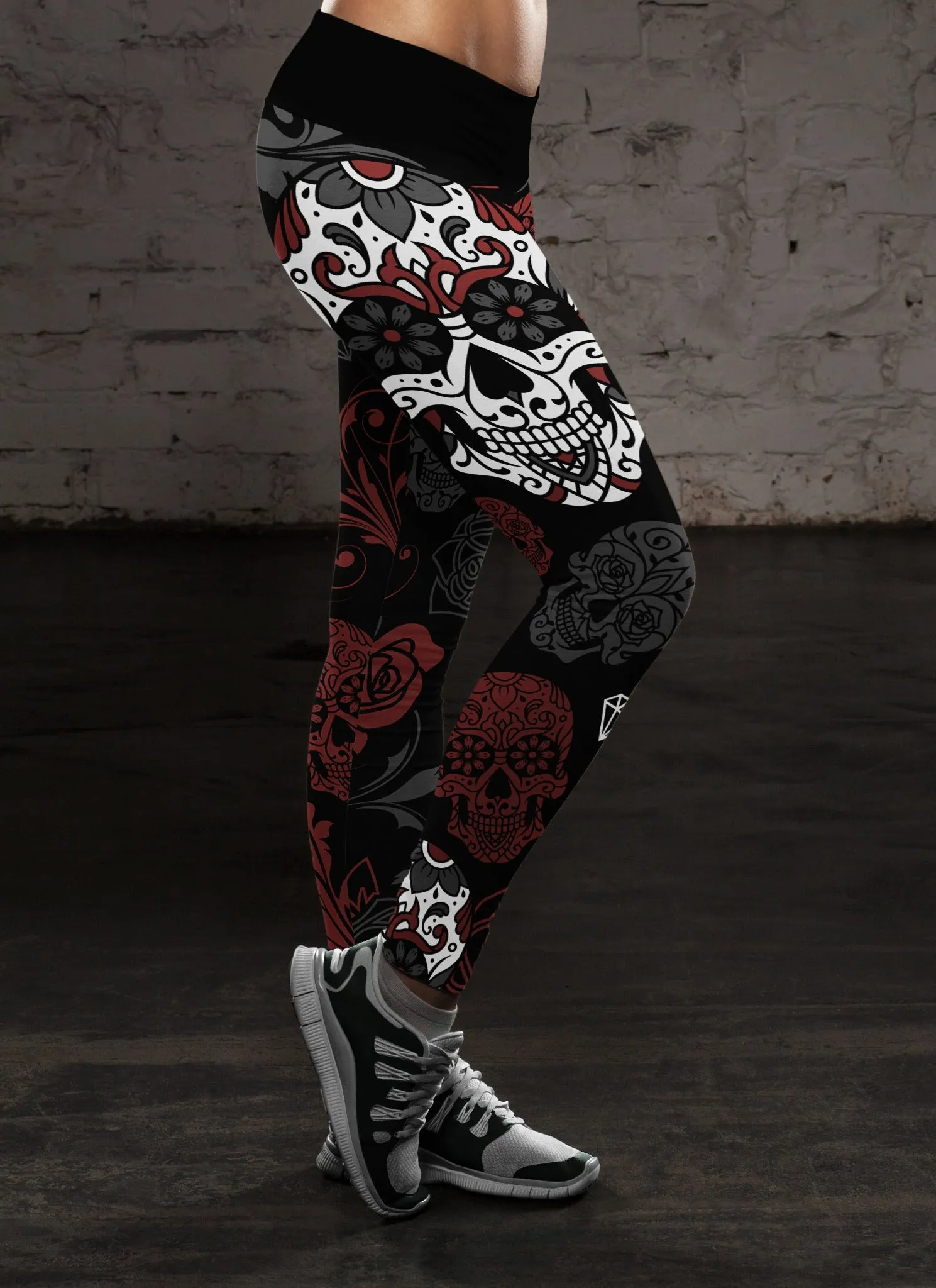 Black and Red Sugar Skull Leggings