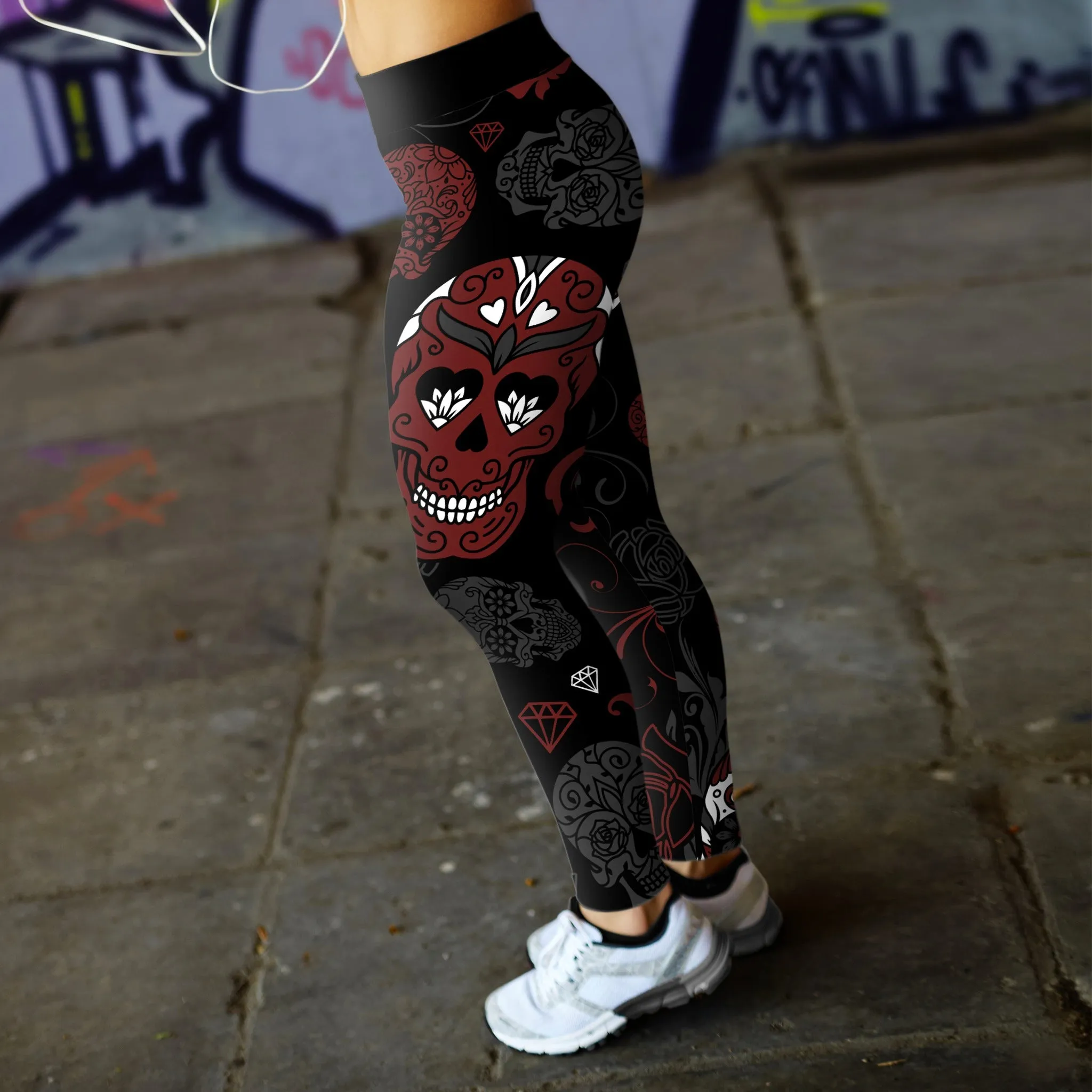 Black and Red Sugar Skull Leggings