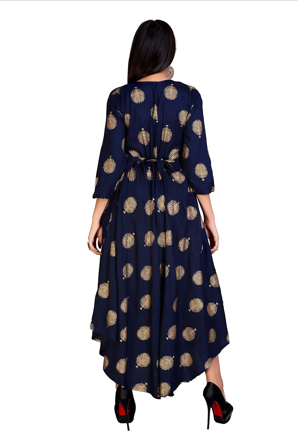 Blue Rayon Women Long Gold Maxi