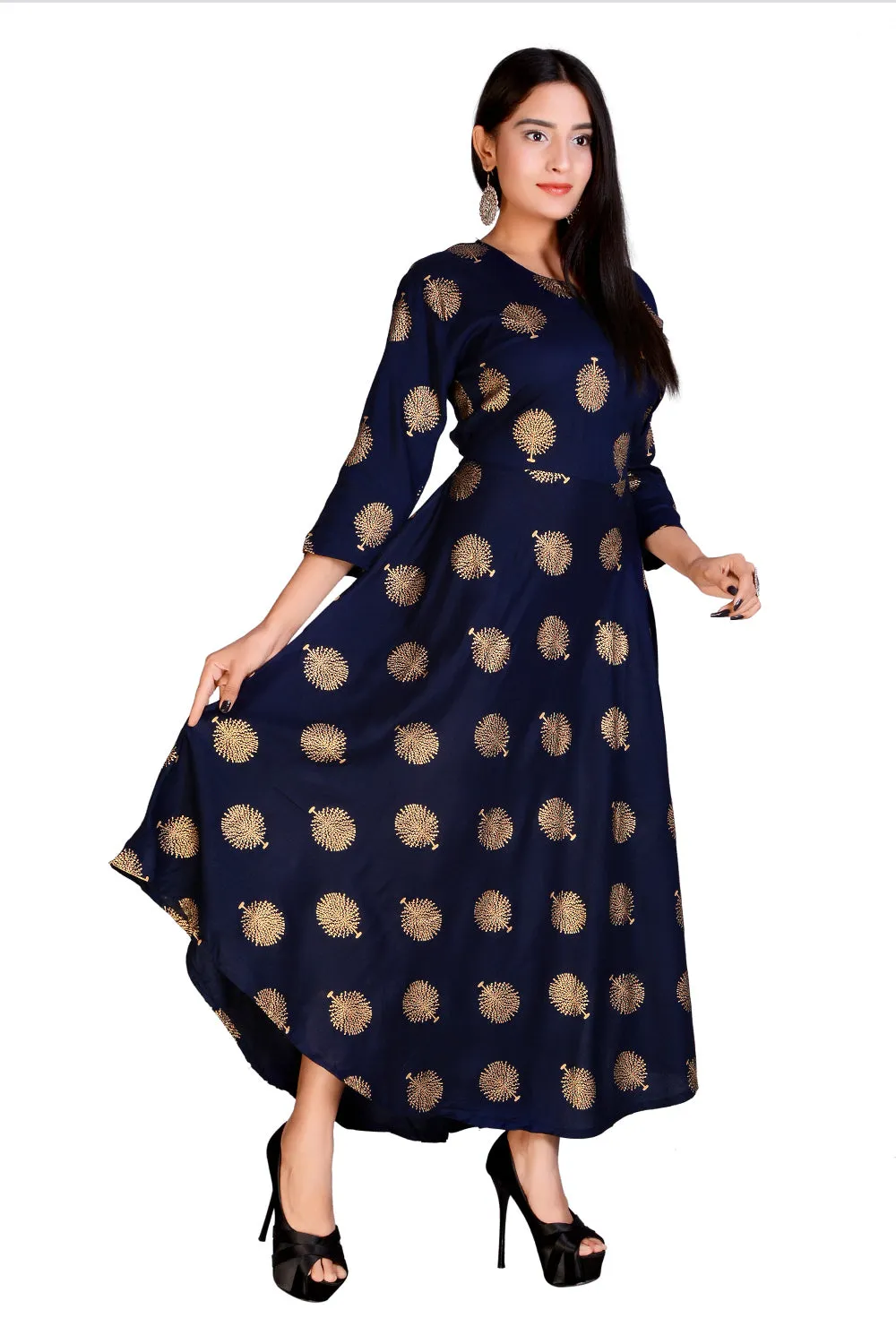 Blue Rayon Women Long Gold Maxi