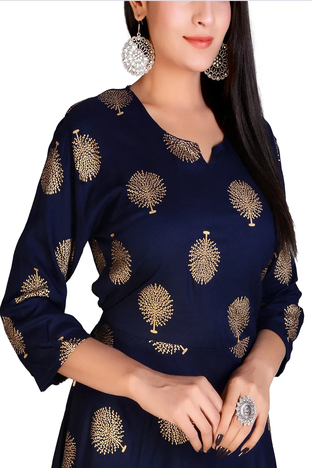 Blue Rayon Women Long Gold Maxi