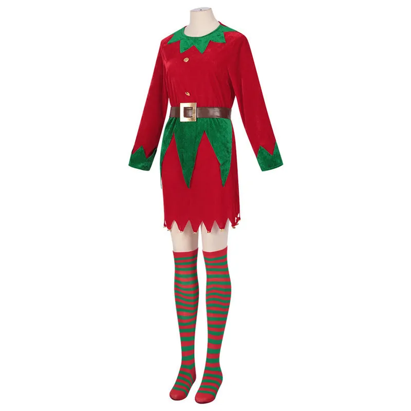 Christmas Elf Costume Adult Elf Cosplay Dress Stocking Christmas Family Party Suit