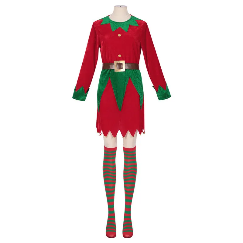 Christmas Elf Costume Adult Elf Cosplay Dress Stocking Christmas Family Party Suit