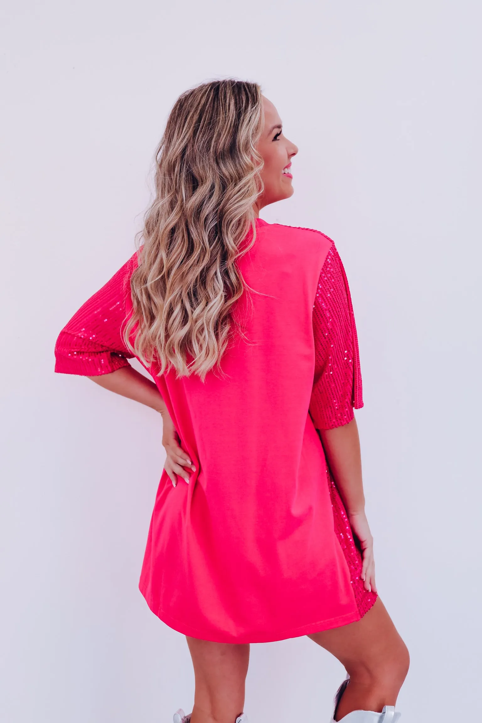 Christmas Tree Sequin Mini T-Shirt Dress - Pink