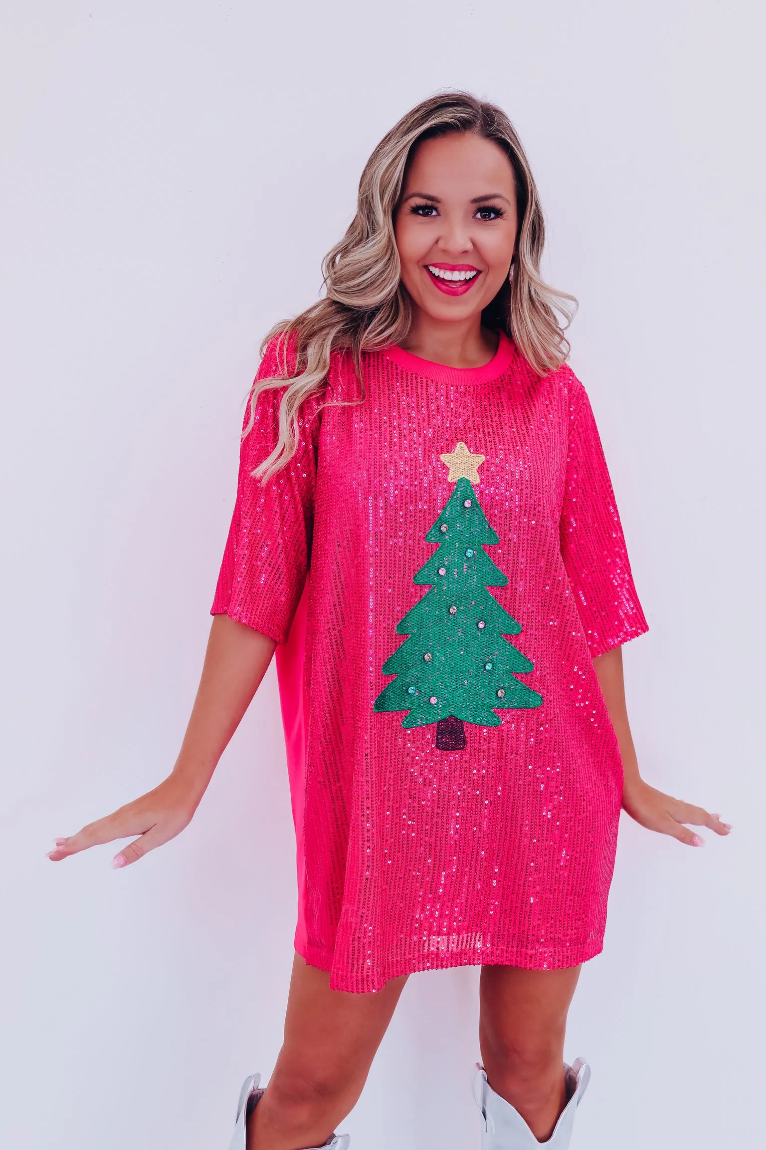 Christmas Tree Sequin Mini T-Shirt Dress - Pink