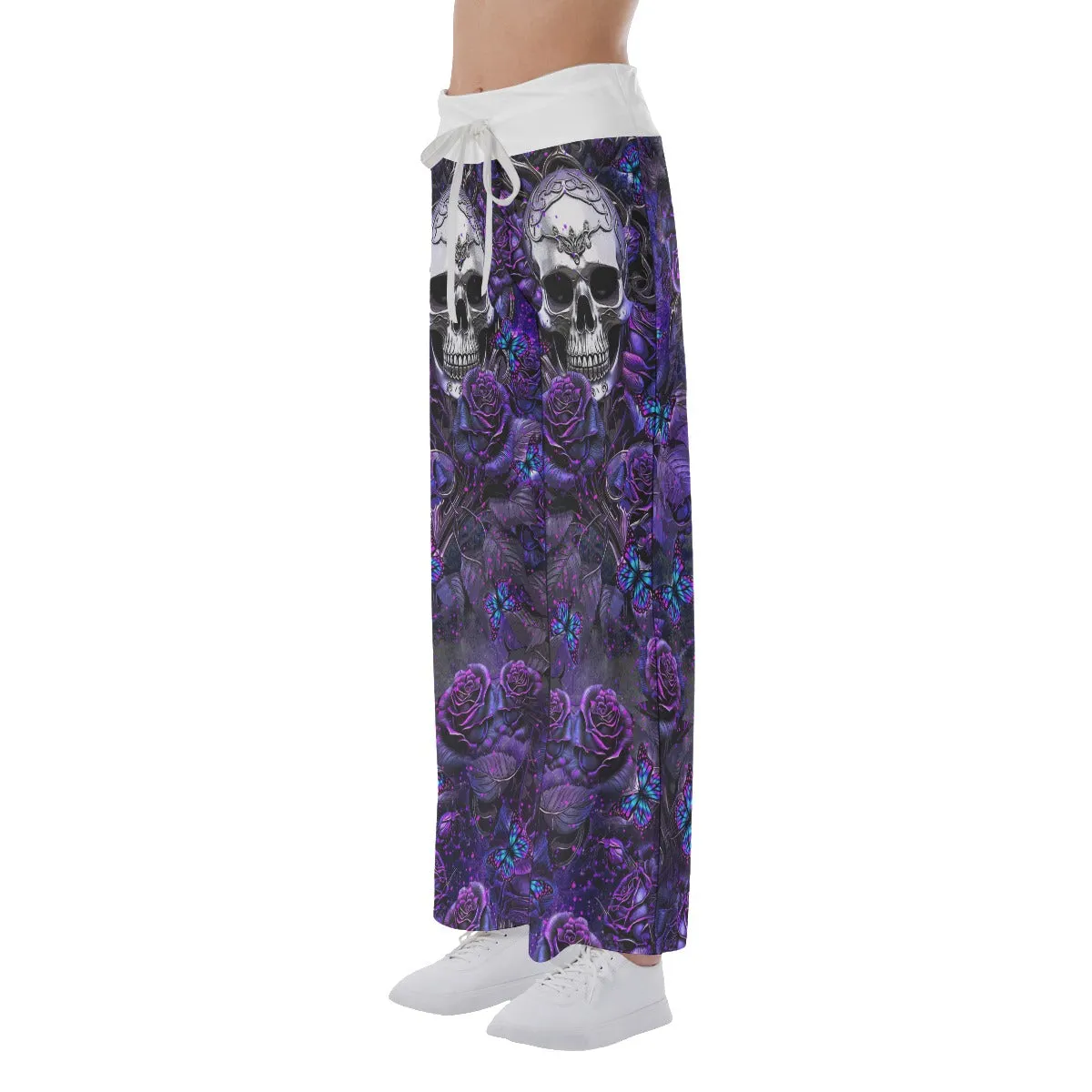 Dark Violet Skull Roses Women's High-waisted Wide Leg Pants