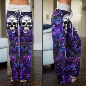 Dark Violet Skull Roses Women's High-waisted Wide Leg Pants