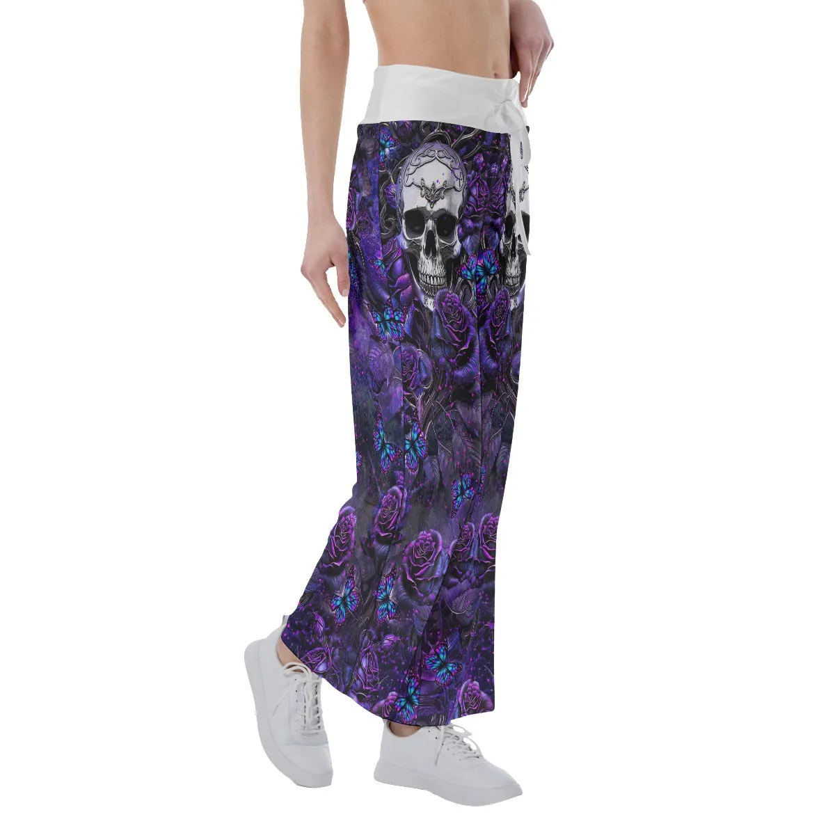 Dark Violet Skull Roses Women's High-waisted Wide Leg Pants