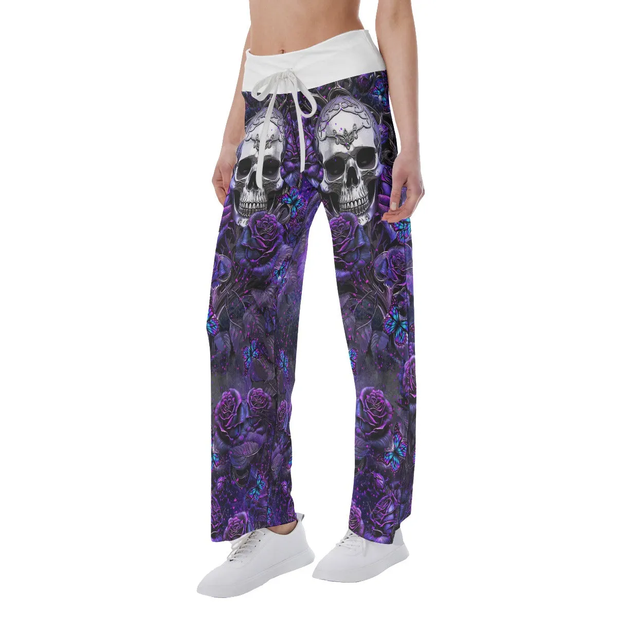 Dark Violet Skull Roses Women's High-waisted Wide Leg Pants