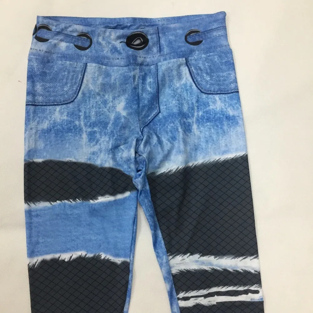 Distressed 3D Blue Jean Leggings