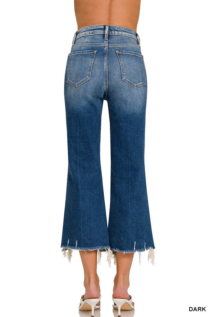 DISTRESSED KNEE CROP JEANS - DARK WASH