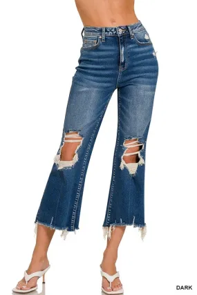 DISTRESSED KNEE CROP JEANS - DARK WASH