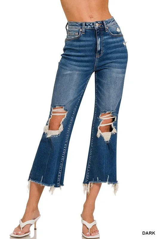 DISTRESSED KNEE CROP JEANS - DARK WASH