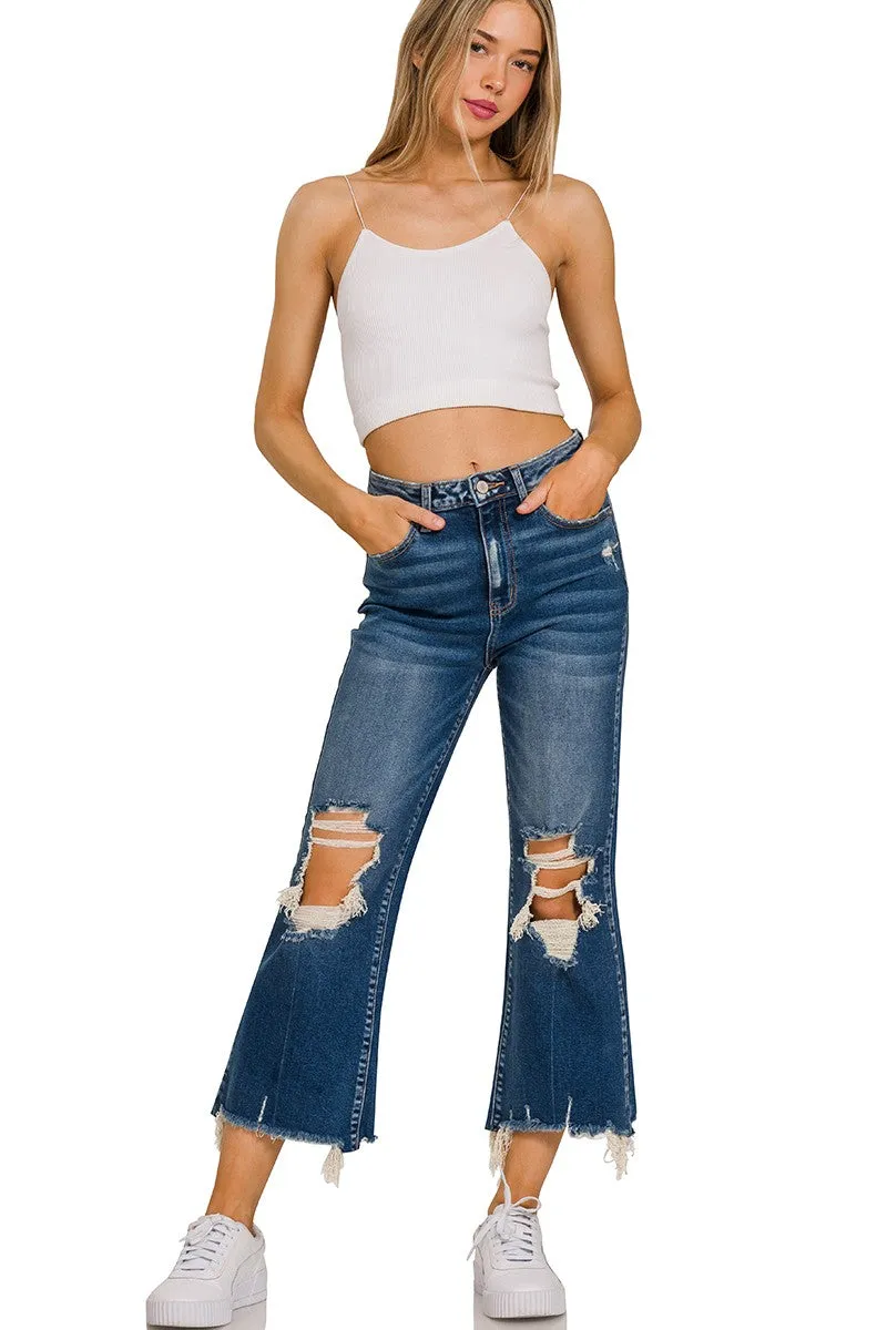 DISTRESSED KNEE CROP JEANS - DARK WASH