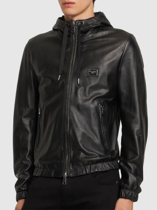 Dolce&amp;Gabbana   Leather hoodie w/logo plaque 