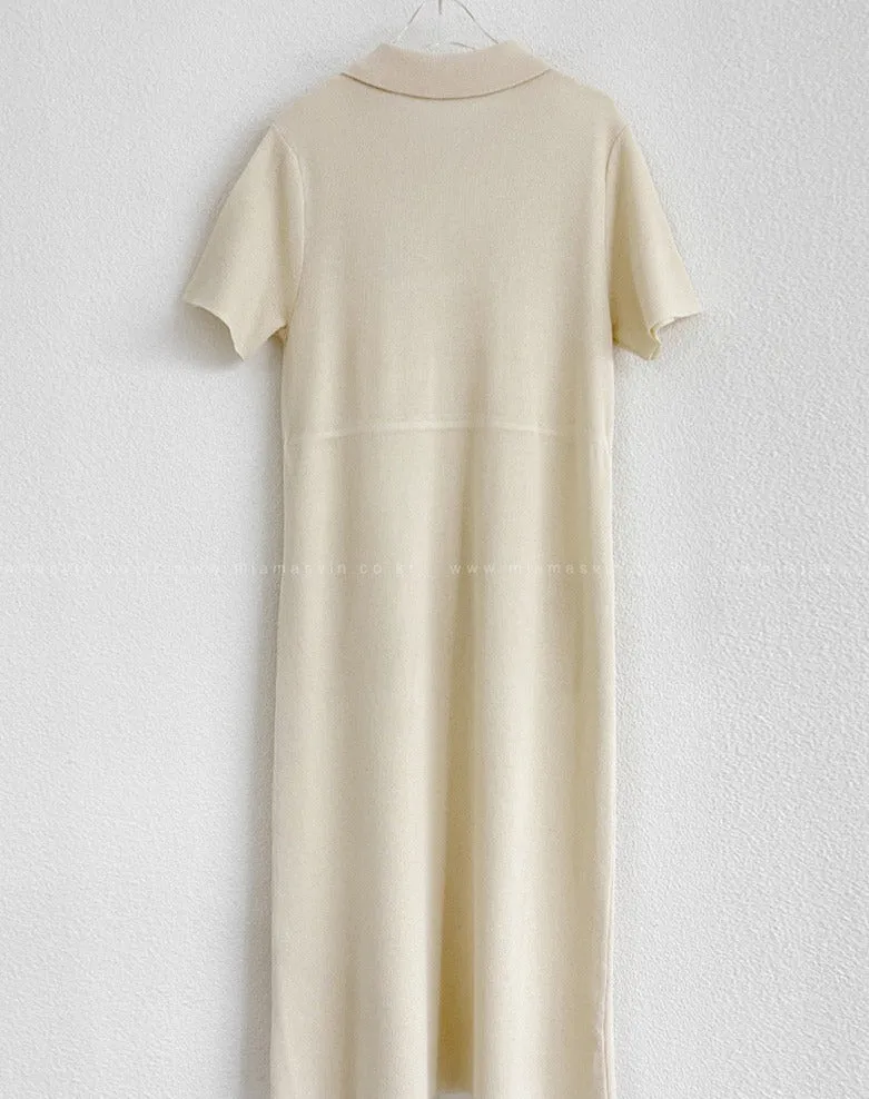 Drawstring Waist Knit Polo Dress with Gold Buttons