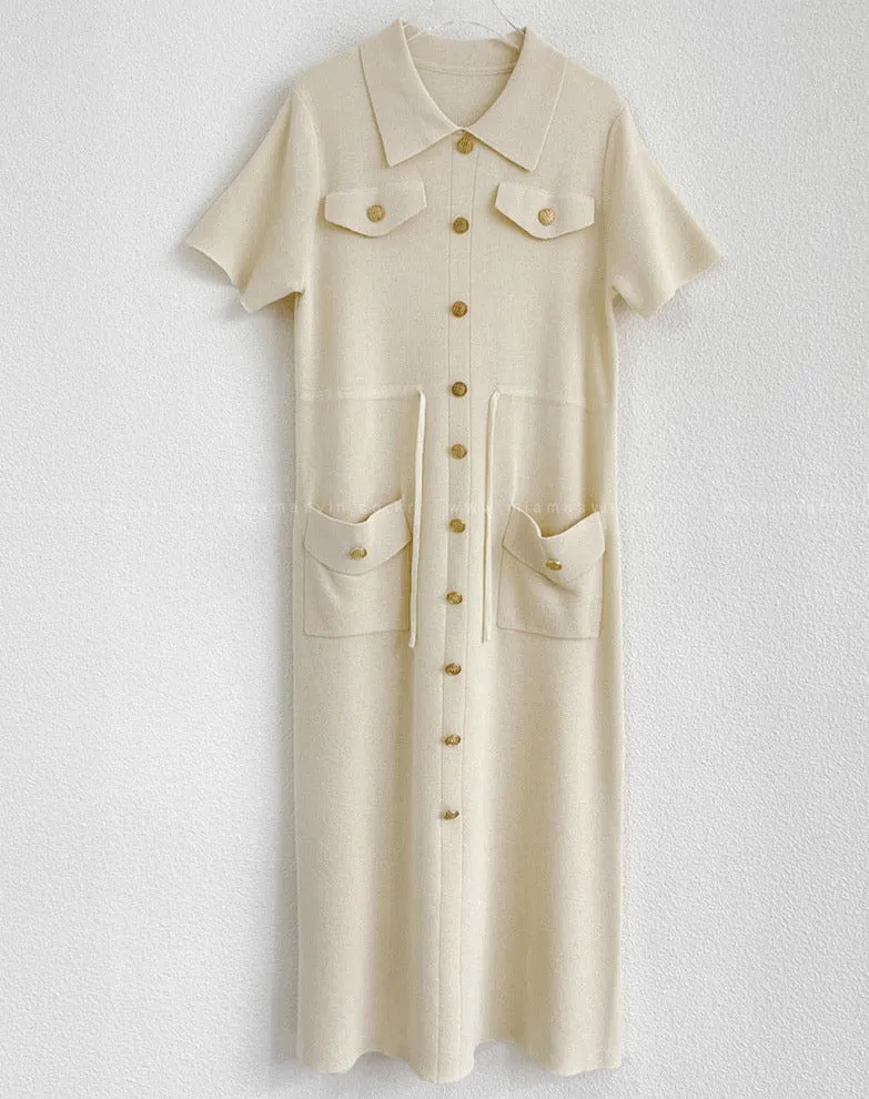 Drawstring Waist Knit Polo Dress with Gold Buttons