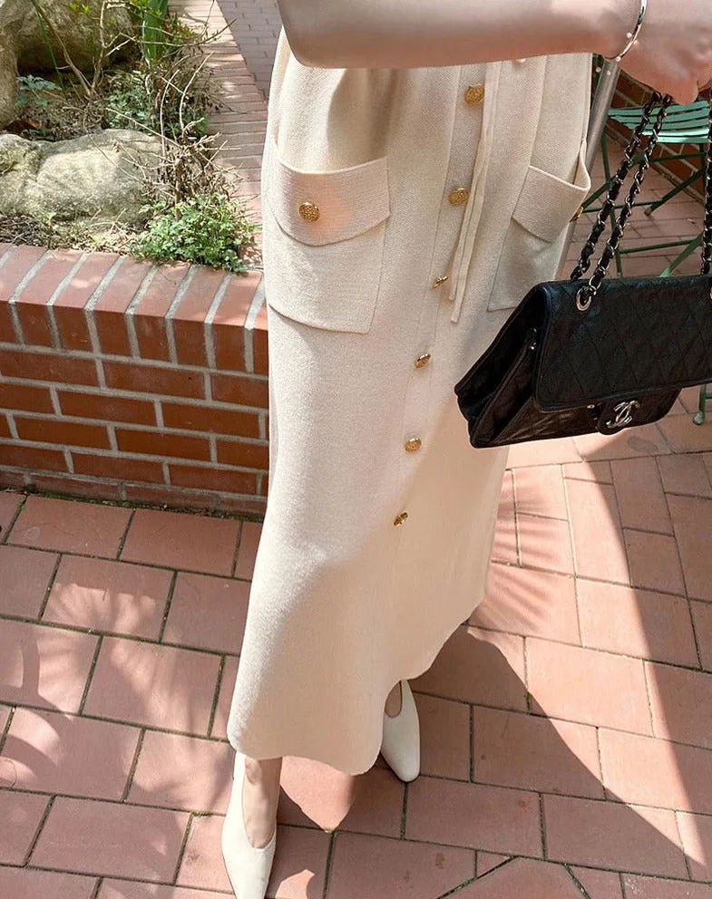 Drawstring Waist Knit Polo Dress with Gold Buttons