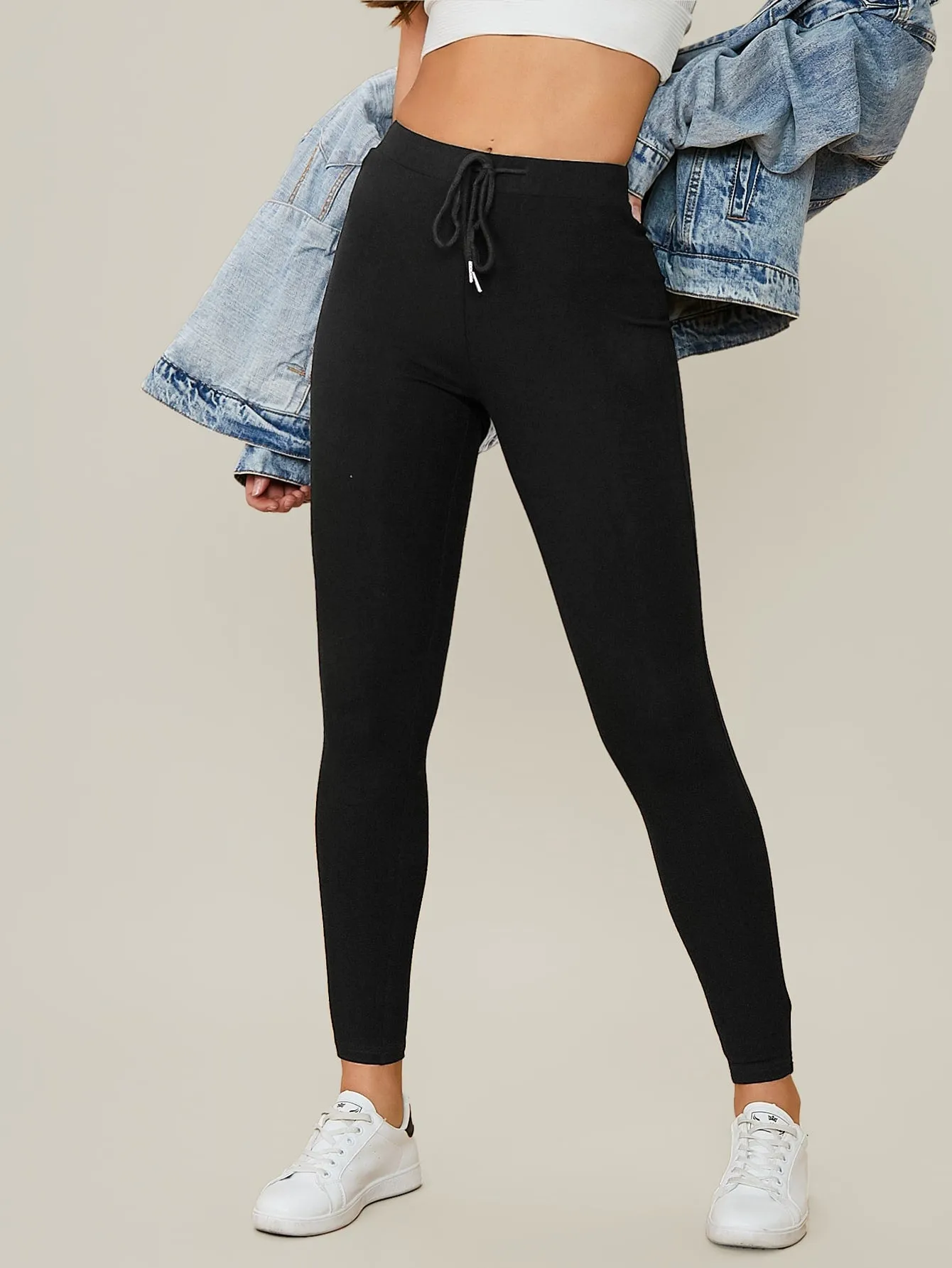 Drawstring Waist Solid Leggings