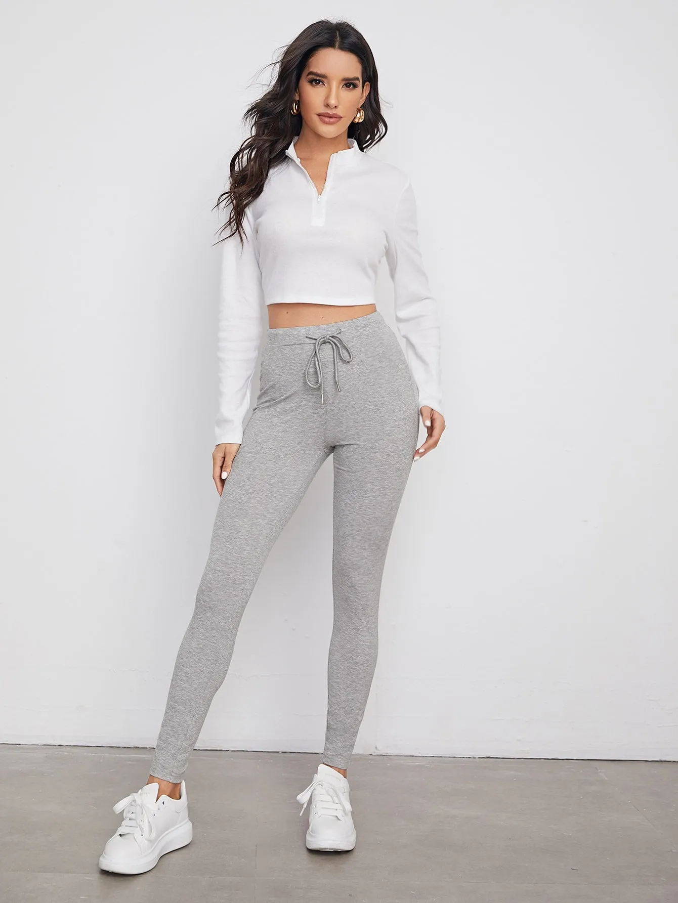 Drawstring Waist Solid Leggings