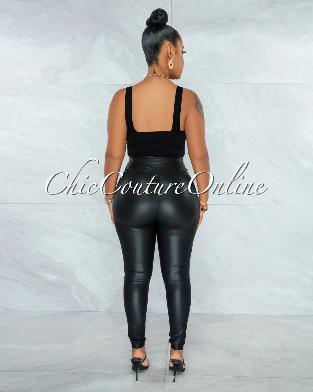 Eara Black Faux Leather Ruched Black Leggings