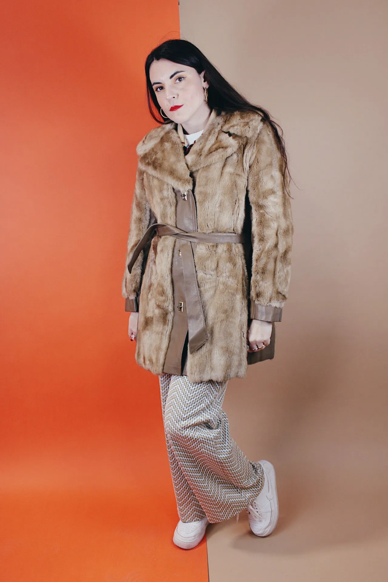 Faux Fur Coat with Leather Trim