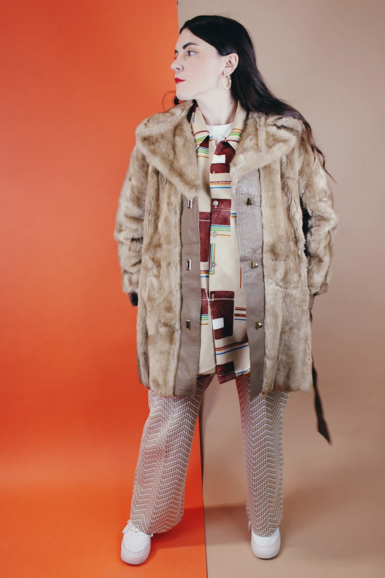 Faux Fur Coat with Leather Trim