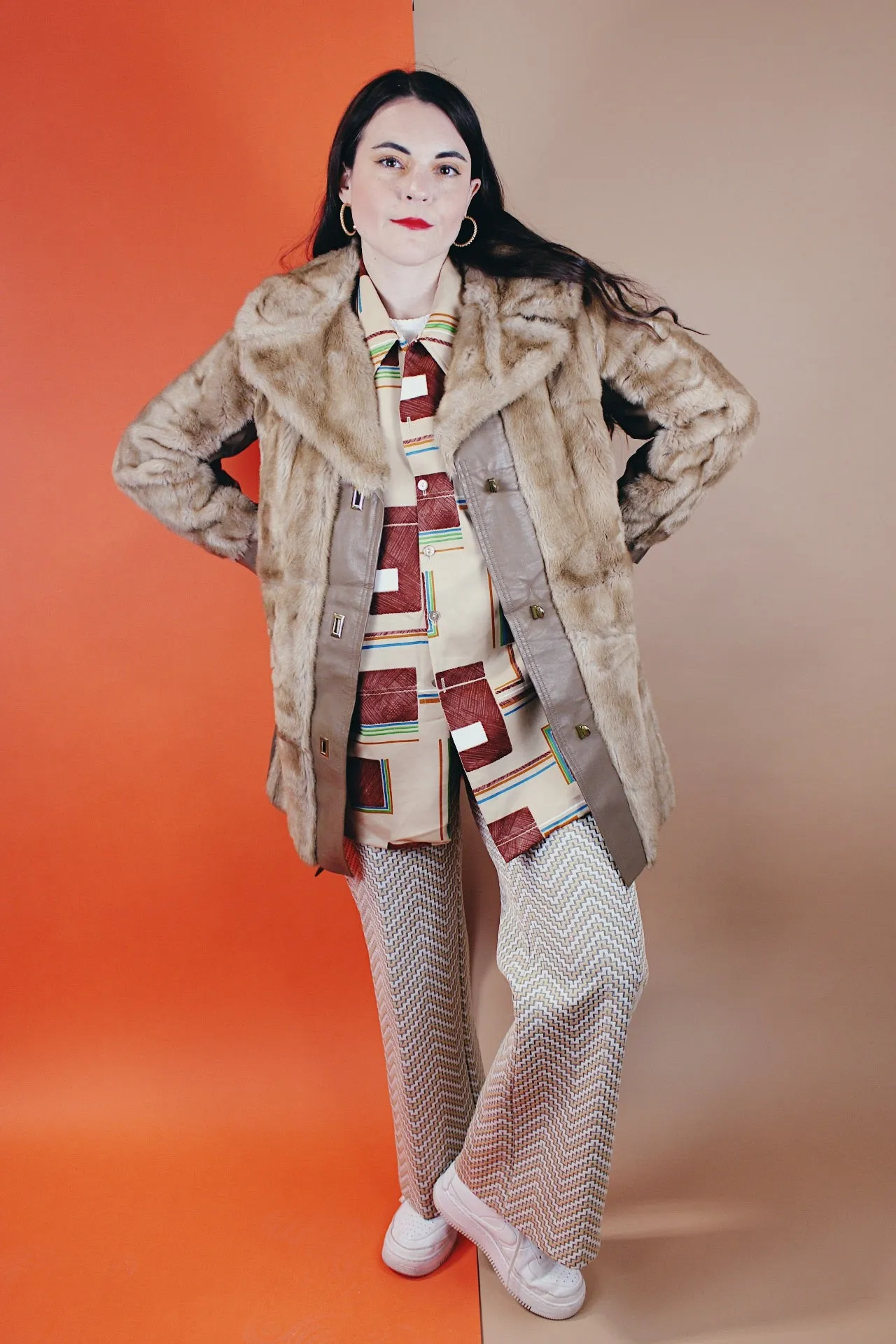 Faux Fur Coat with Leather Trim
