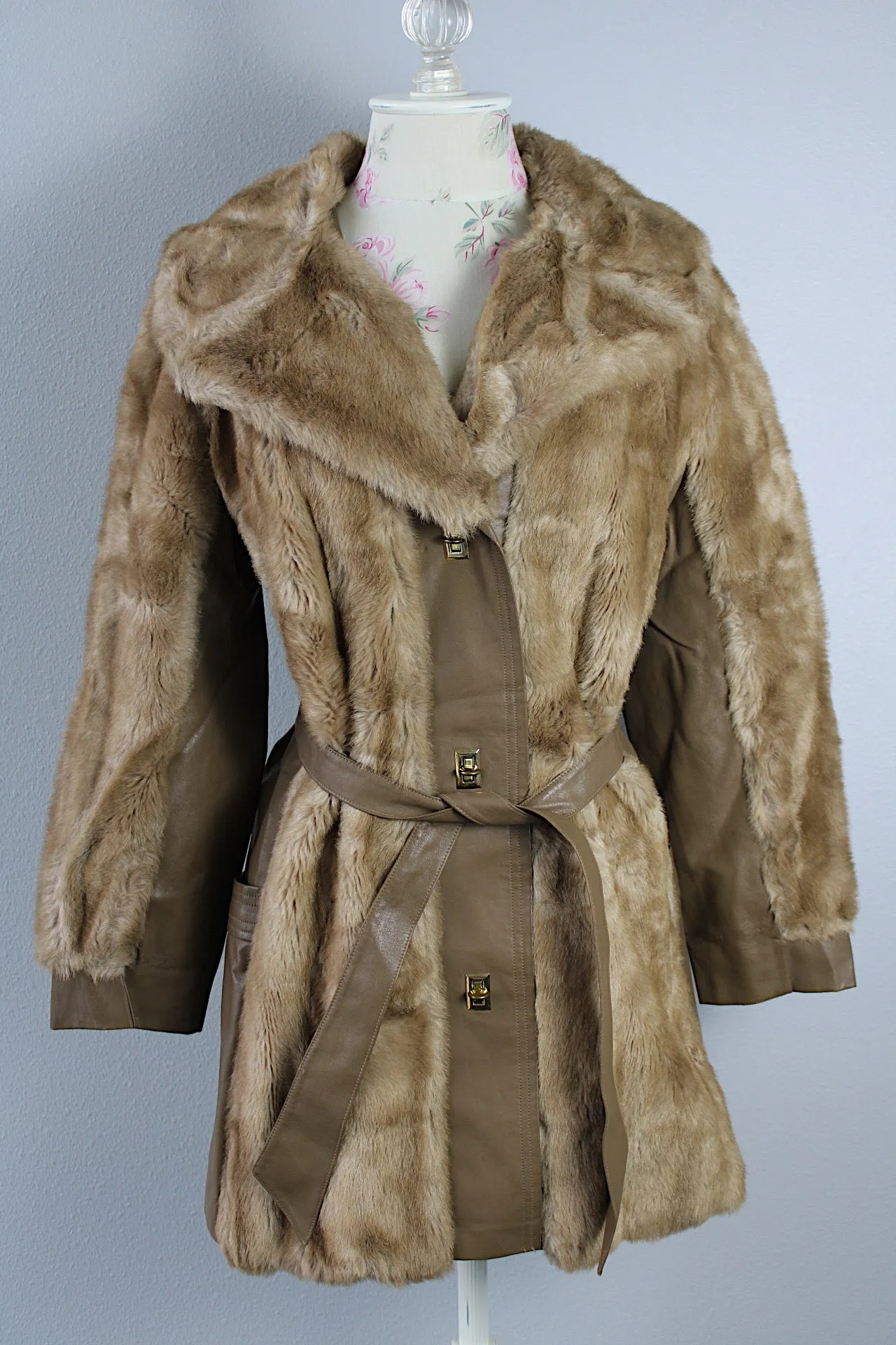 Faux Fur Coat with Leather Trim