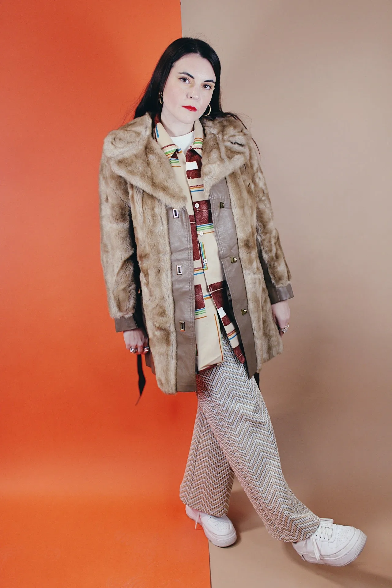 Faux Fur Coat with Leather Trim