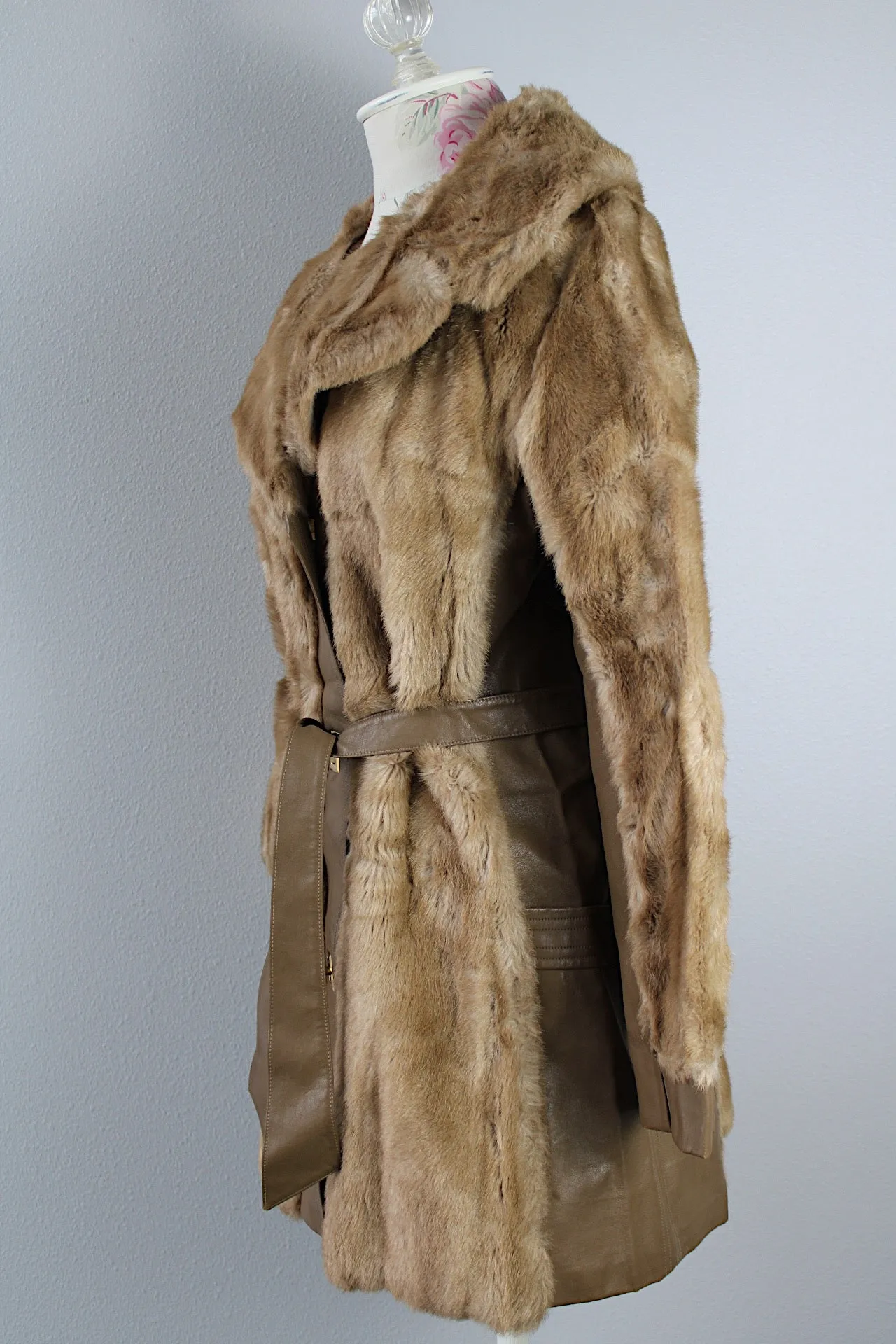 Faux Fur Coat with Leather Trim