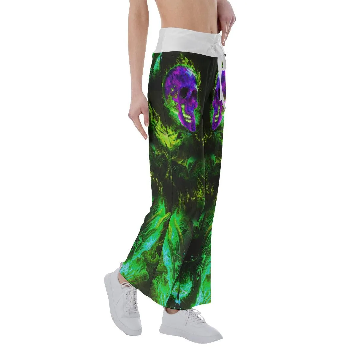 Green Purple Fire Skull High-waisted Wide Leg Pants