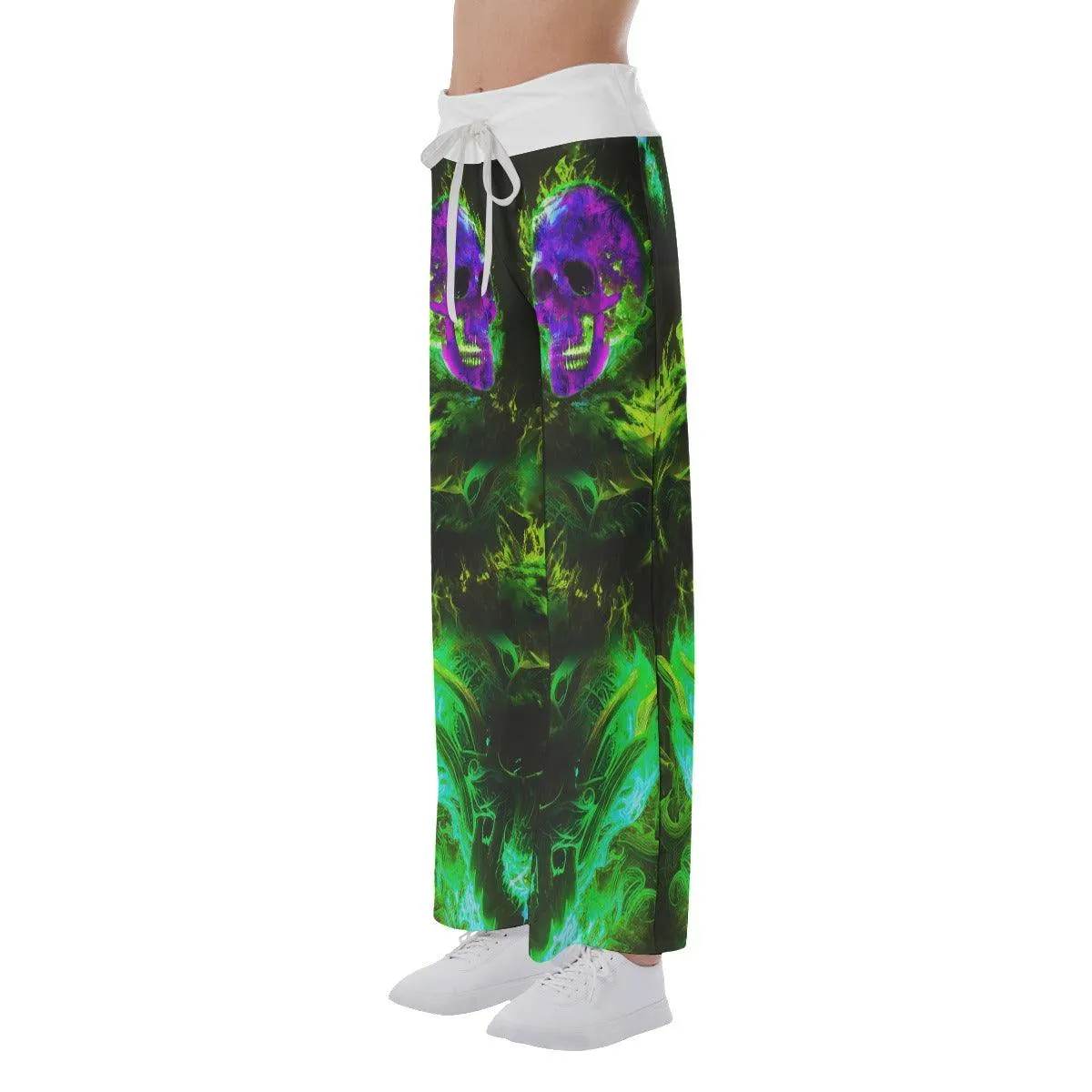 Green Purple Fire Skull High-waisted Wide Leg Pants