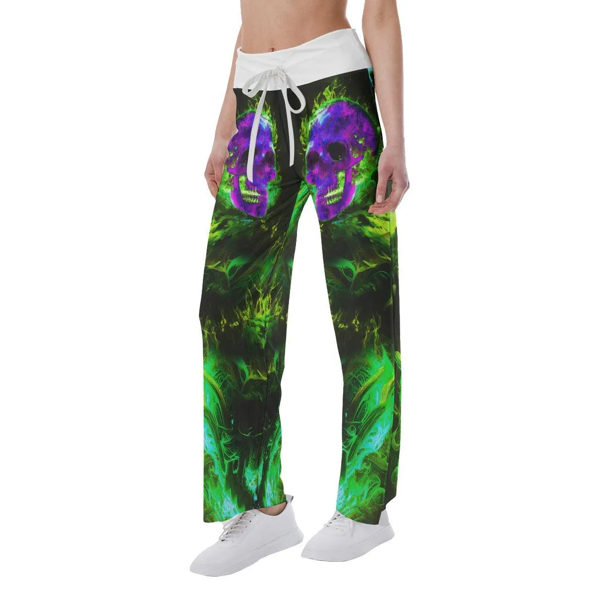 Green Purple Fire Skull High-waisted Wide Leg Pants