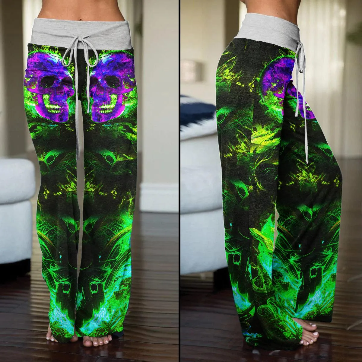 Green Purple Fire Skull High-waisted Wide Leg Pants