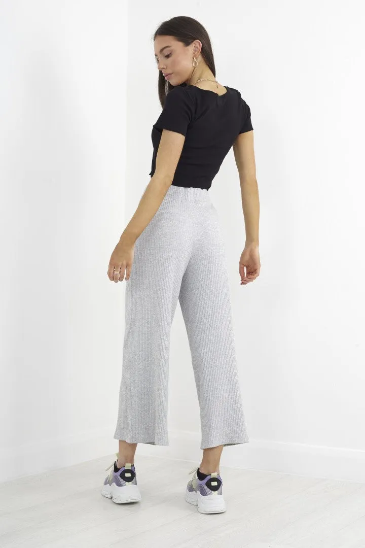 GREY MARL WIDE LEG ALL OVER RIB BELTED TROUSERS