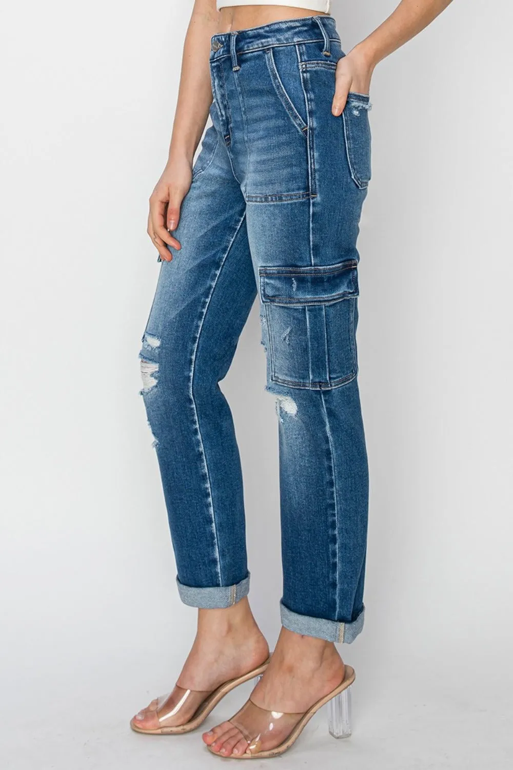 High Rise Cargo Ankle Roll Up Jeans